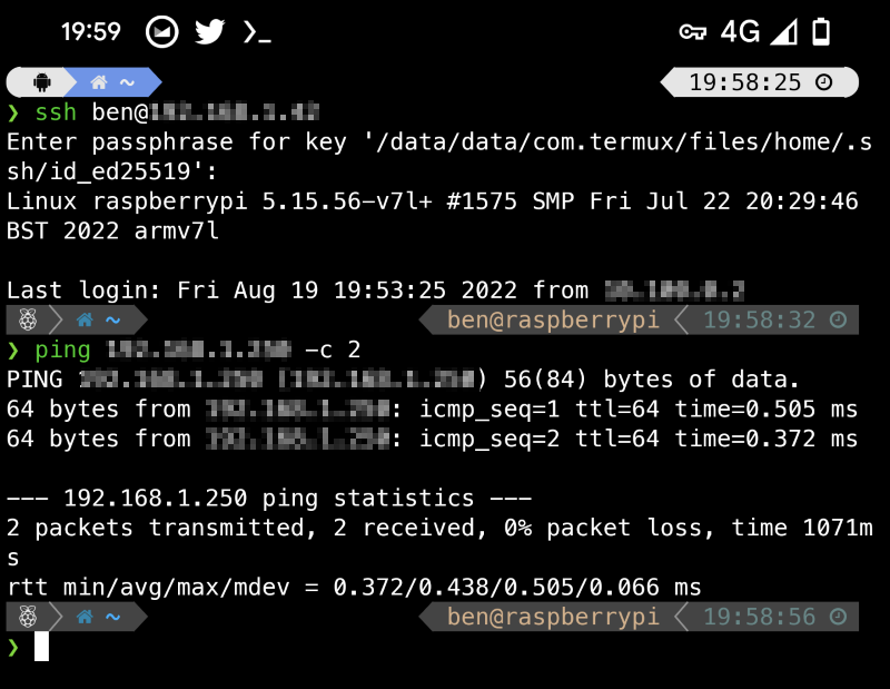 The terminal on my mobile phone shown an ssh session to my home network over mobile using wireguard.