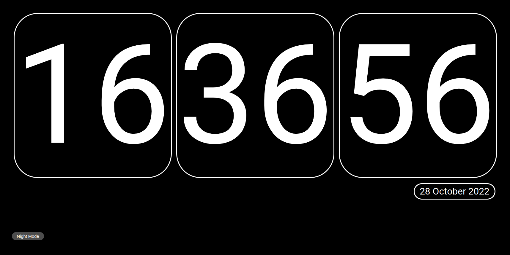 Screenshot of the main window of the digital clock app. A six digit digital clock, displaying hours, minutes, and seconds at 16 36 56, with the date bellow at 28th October 2022.